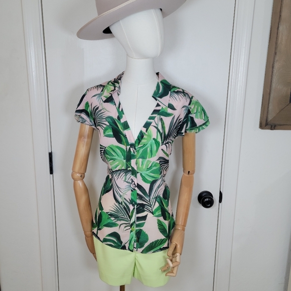 Alice + Olivia Tropical Leaf Print Resortwear Beach Summer Silk Blouse Size XL/L - Picture 1 of 13
